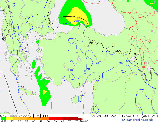 Max. wind velocity GFS сб 28.09.2024 12 UTC