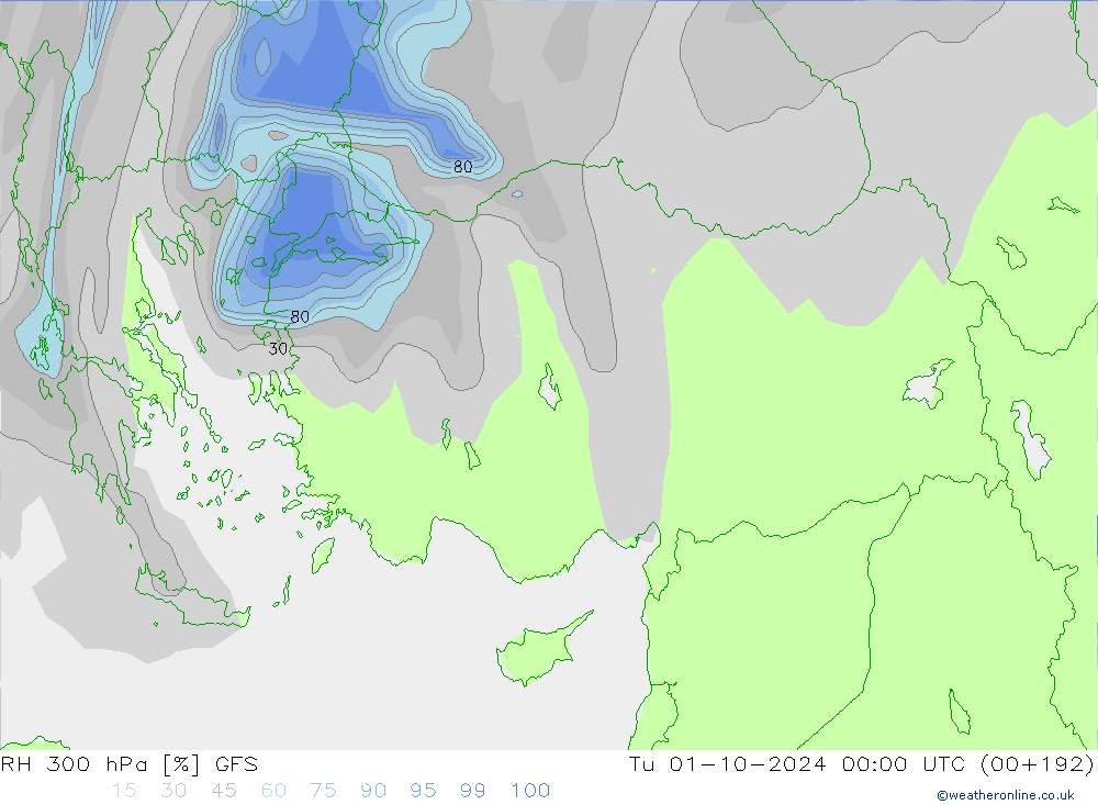 RH 300 гПа GFS вт 01.10.2024 00 UTC