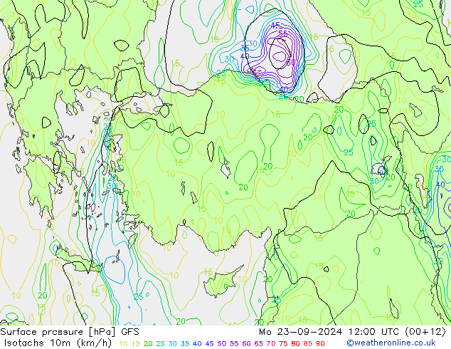 Isotachen (km/h) GFS Mo 23.09.2024 12 UTC