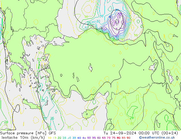 Izotacha (km/godz) GFS wto. 24.09.2024 00 UTC