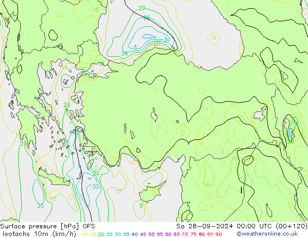 Isotaca (kph) GFS sáb 28.09.2024 00 UTC