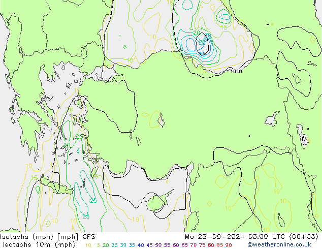 Isotachs (mph) GFS пн 23.09.2024 03 UTC