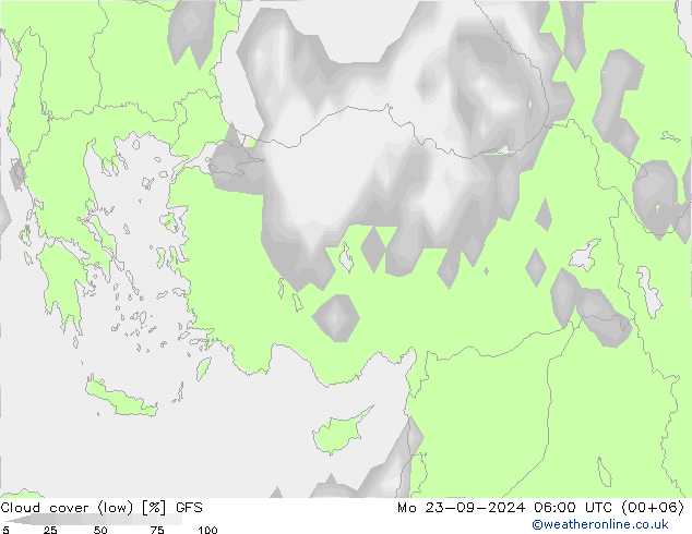 Cloud cover (low) GFS Mo 23.09.2024 06 UTC