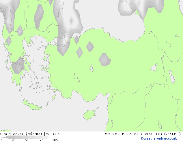 Bewolking (Middelb.) GFS wo 25.09.2024 03 UTC