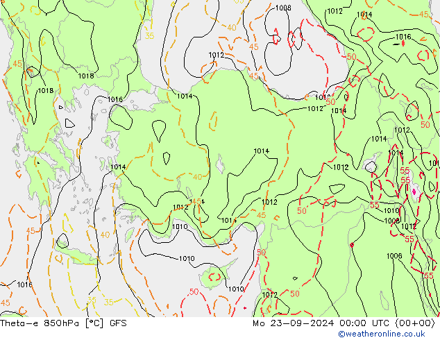 Theta-e 850hPa GFS pon. 23.09.2024 00 UTC