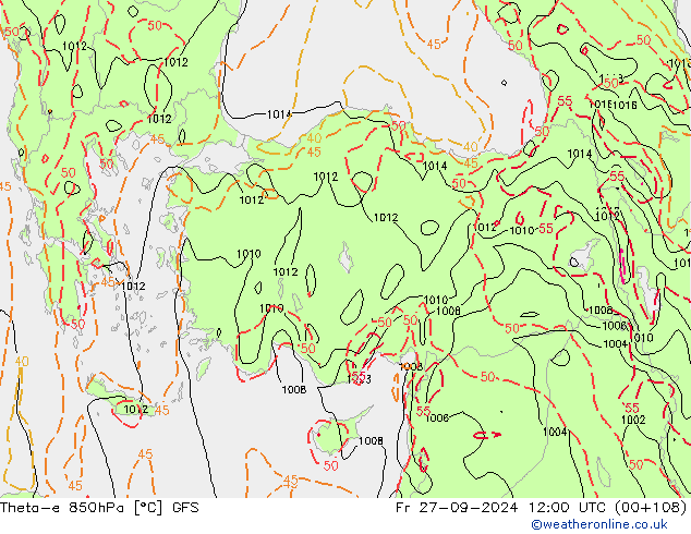 Theta-e 850hPa GFS Fr 27.09.2024 12 UTC