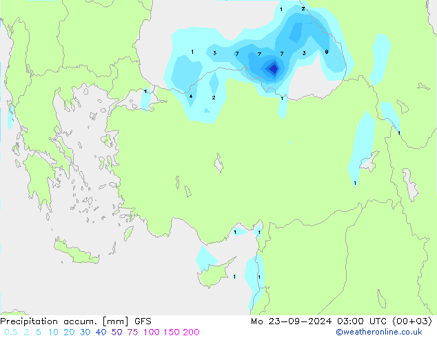 Precipitation accum. GFS Mo 23.09.2024 03 UTC