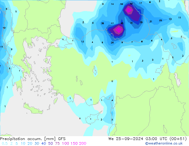 Totale neerslag GFS wo 25.09.2024 03 UTC