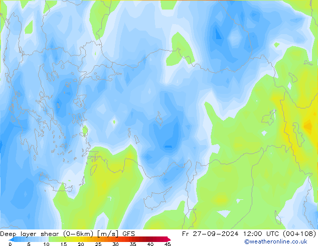 Deep layer shear (0-6km) GFS  27.09.2024 12 UTC