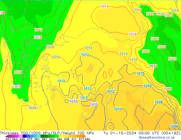 Dikte700-1000 hPa GFS di 01.10.2024 00 UTC