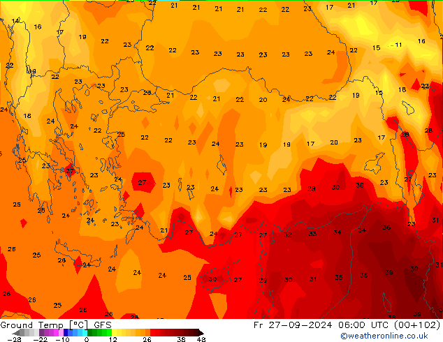 Temperatura del suelo GFS vie 27.09.2024 06 UTC