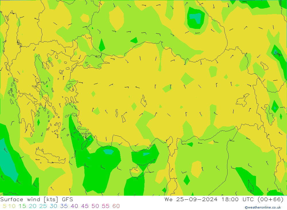 Vento 10 m GFS Qua 25.09.2024 18 UTC