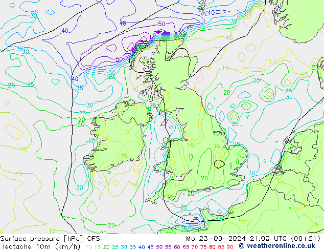 Isotaca (kph) GFS lun 23.09.2024 21 UTC