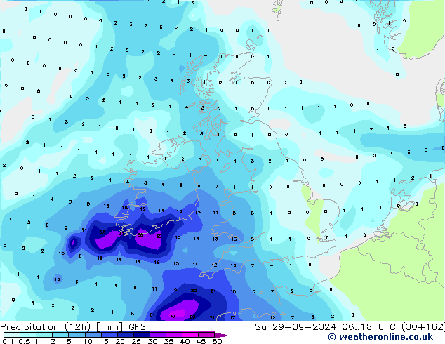 Precipitation (12h) GFS Su 29.09.2024 18 UTC