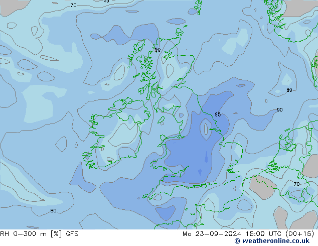 RH 0-300 m GFS Mo 23.09.2024 15 UTC