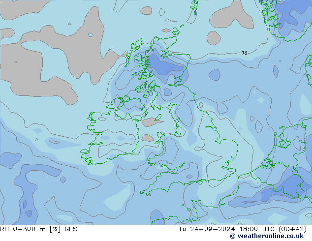 RH 0-300 m GFS Tu 24.09.2024 18 UTC