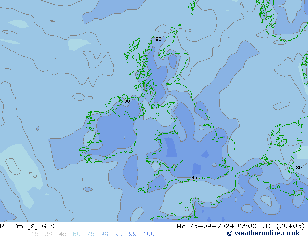 RH 2m GFS 星期一 23.09.2024 03 UTC