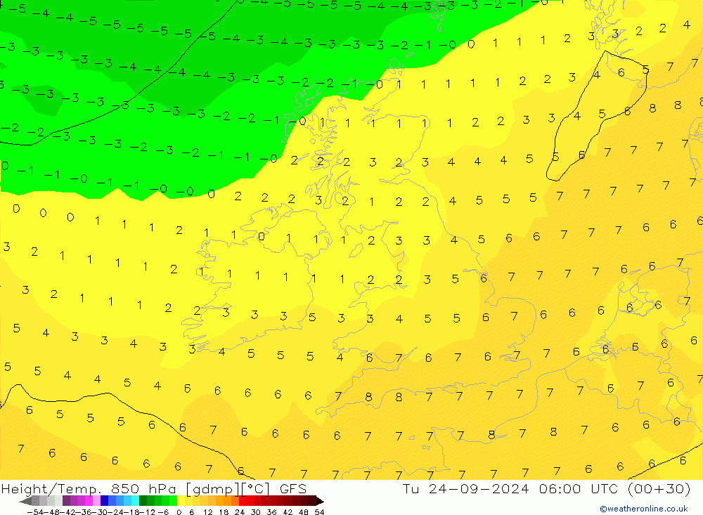 Hoogte/Temp. 850 hPa GFS di 24.09.2024 06 UTC