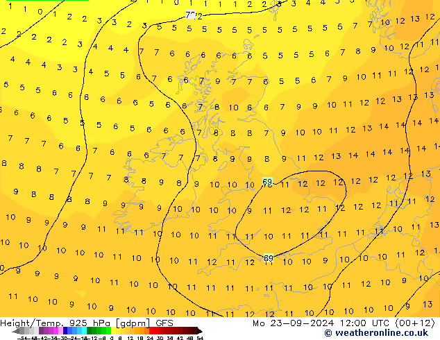 Height/Temp. 925 hPa GFS  23.09.2024 12 UTC