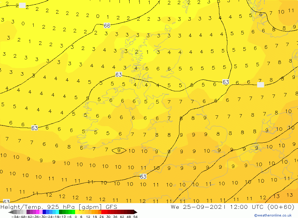 Geop./Temp. 925 hPa GFS mié 25.09.2024 12 UTC