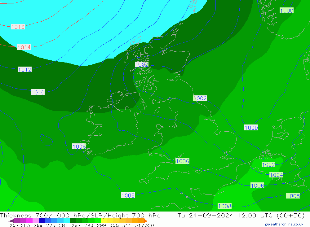 Schichtdicke 700-1000 hPa GFS Di 24.09.2024 12 UTC