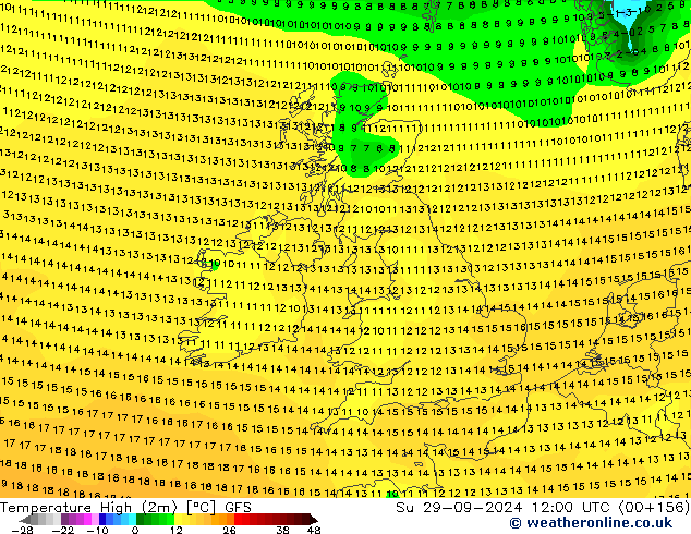 température 2m max GFS dim 29.09.2024 12 UTC