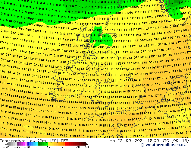 Темпер. мин. (2т) GFS пн 23.09.2024 18 UTC