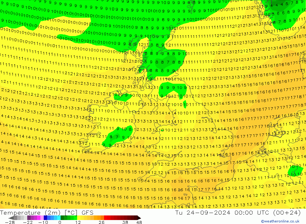 Temperature (2m) GFS Út 24.09.2024 00 UTC