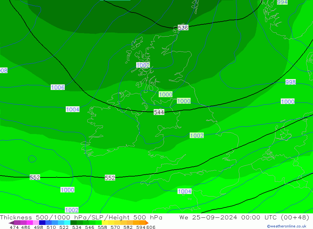 Dikte 500-1000hPa GFS wo 25.09.2024 00 UTC