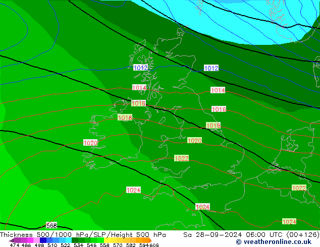 Espesor 500-1000 hPa GFS sáb 28.09.2024 06 UTC