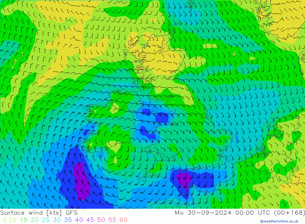 ветер 10 m GFS пн 30.09.2024 00 UTC