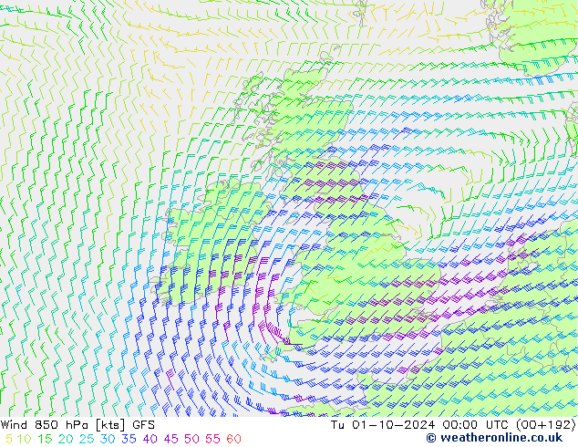 wiatr 850 hPa GFS wto. 01.10.2024 00 UTC