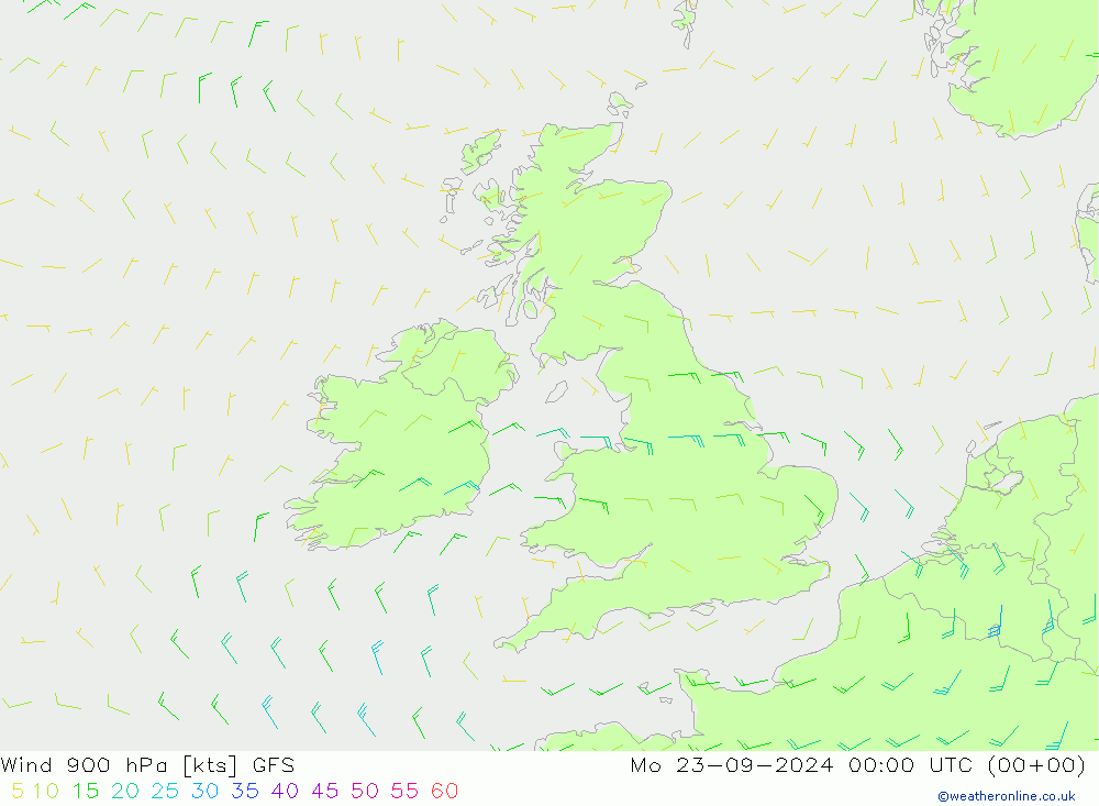 Wind 900 hPa GFS Po 23.09.2024 00 UTC