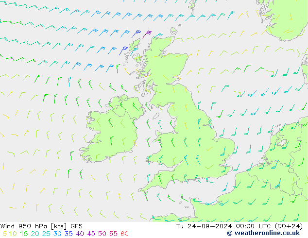 Wind 950 hPa GFS Út 24.09.2024 00 UTC