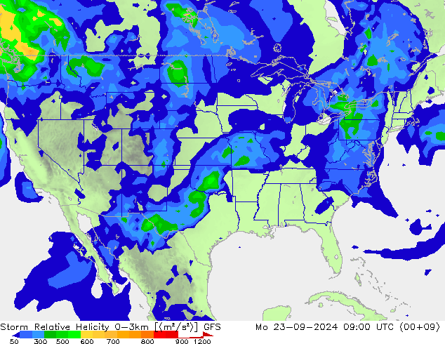 Storm Relative Helicity GFS Pzt 23.09.2024 09 UTC