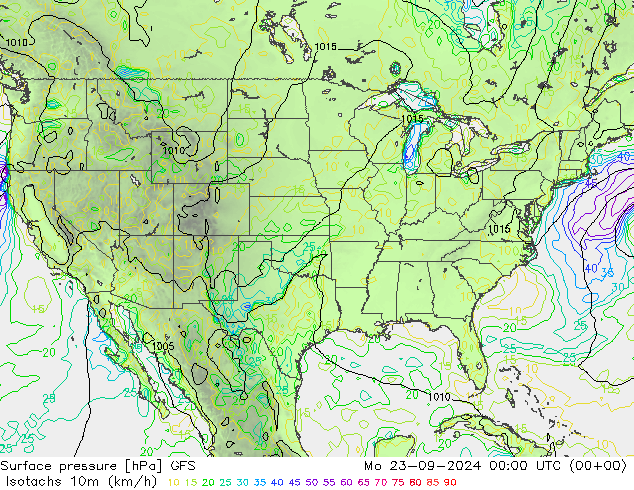 Isotachen (km/h) GFS Mo 23.09.2024 00 UTC