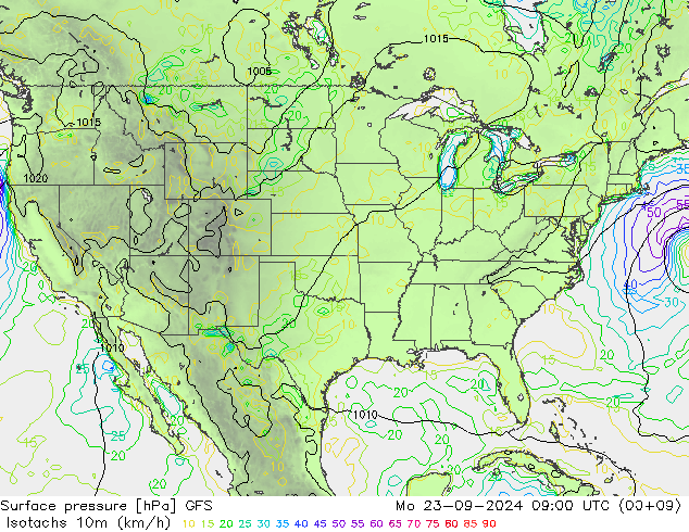 Eşrüzgar Hızları (km/sa) GFS Pzt 23.09.2024 09 UTC