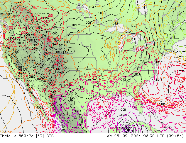 Theta-e 850гПа GFS ср 25.09.2024 06 UTC