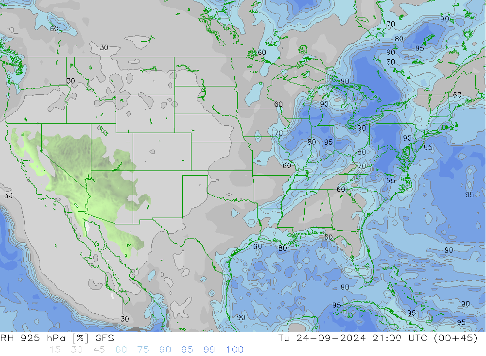 RH 925 hPa GFS Tu 24.09.2024 21 UTC