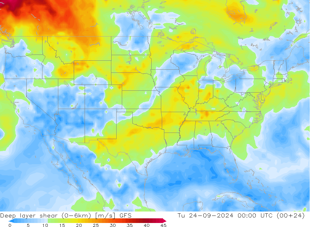 Deep layer shear (0-6km) GFS  24.09.2024 00 UTC