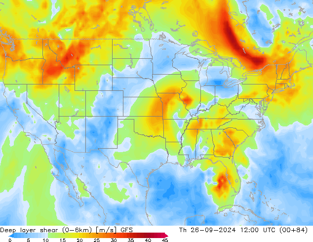 Deep layer shear (0-6km) GFS Čt 26.09.2024 12 UTC