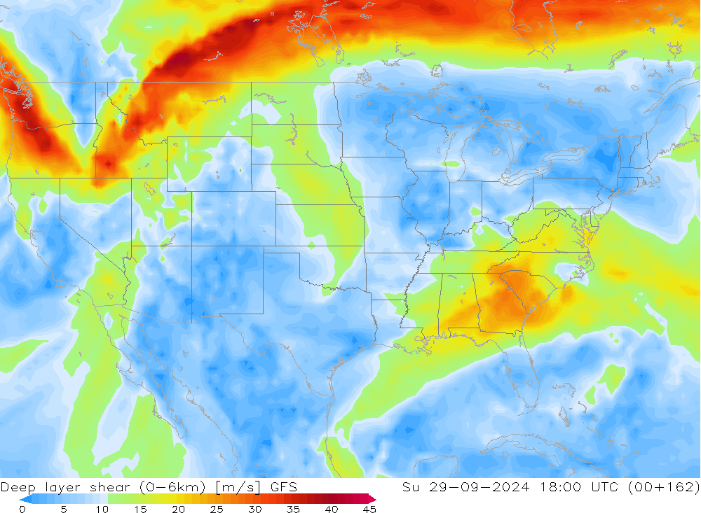 Deep layer shear (0-6km) GFS Su 29.09.2024 18 UTC