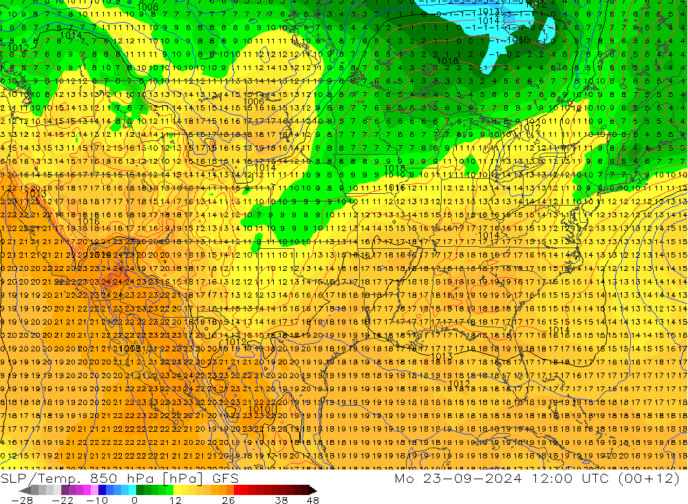 SLP/Temp. 850 hPa GFS pon. 23.09.2024 12 UTC