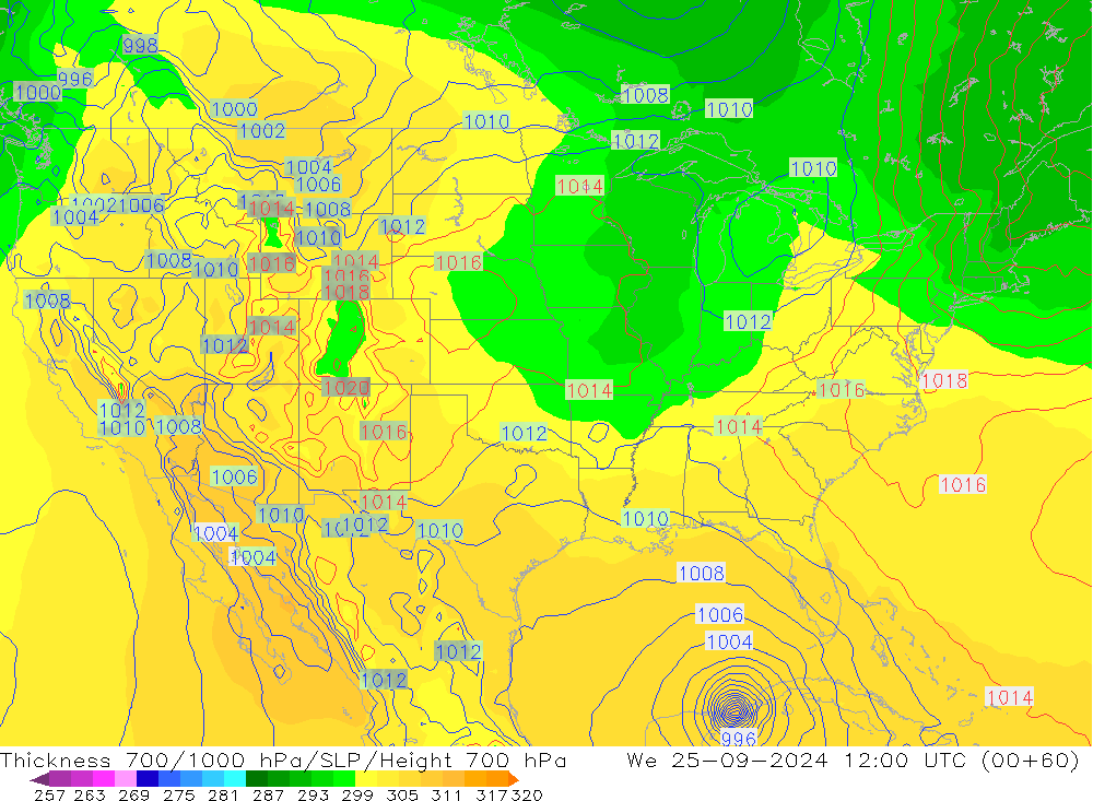 Thck 700-1000 hPa GFS We 25.09.2024 12 UTC