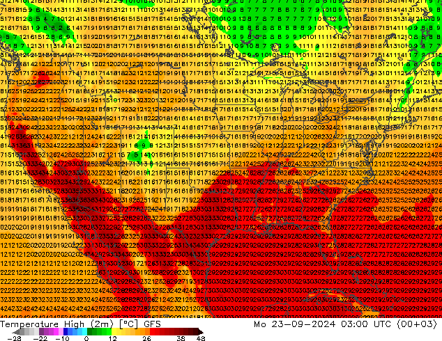 Nejvyšší teplota (2m) GFS Po 23.09.2024 03 UTC