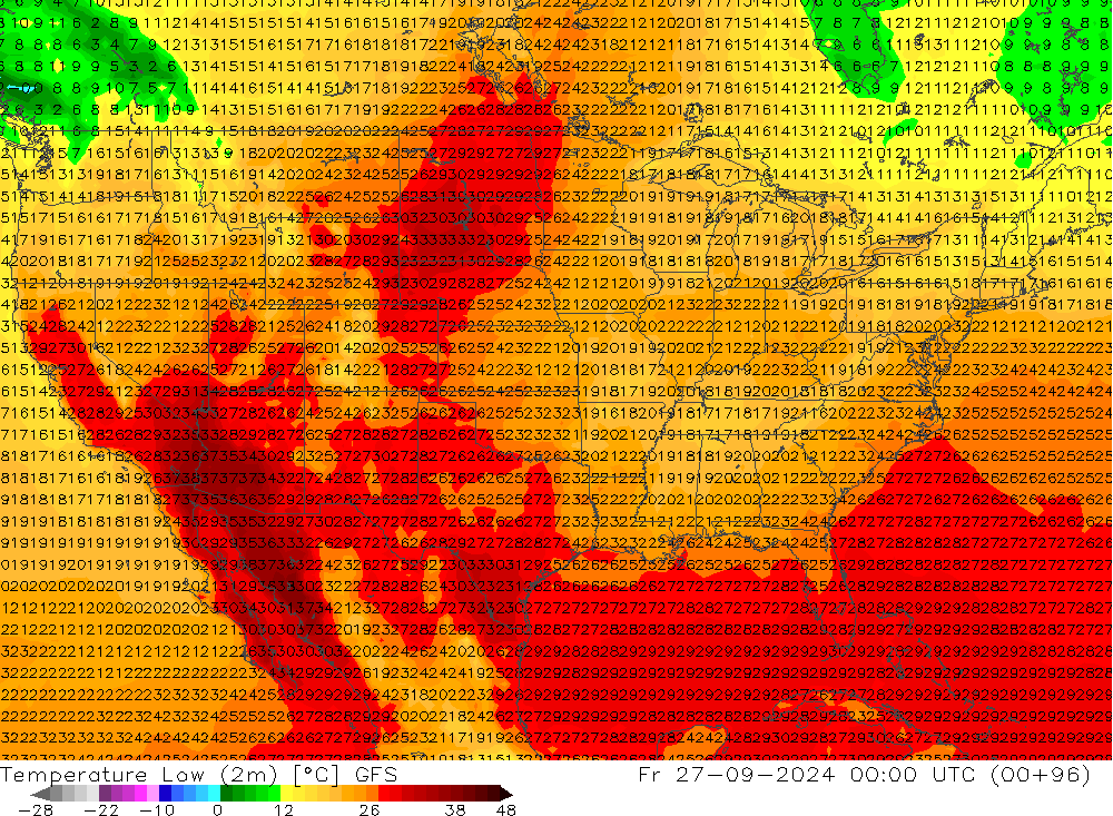 Temperature Low (2m) GFS Fr 27.09.2024 00 UTC