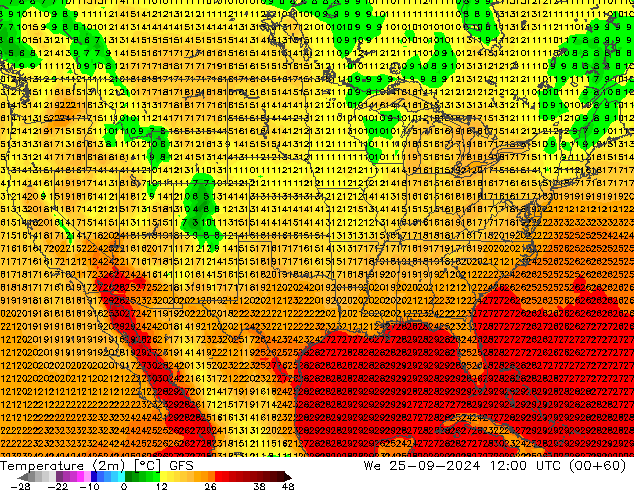 mapa temperatury (2m) GFS śro. 25.09.2024 12 UTC