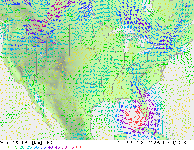 Vento 700 hPa GFS gio 26.09.2024 12 UTC