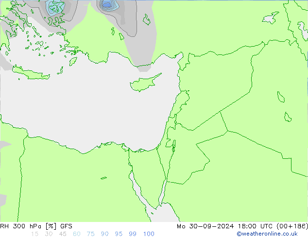 Humedad rel. 300hPa GFS lun 30.09.2024 18 UTC