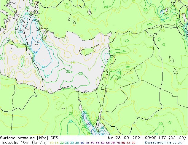 Isotachs (kph) GFS Mo 23.09.2024 09 UTC